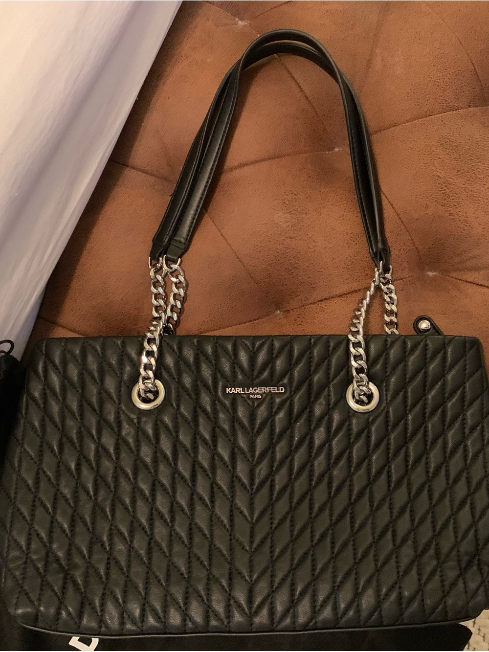 Karl Lagerfeld Black Quilted Chevron Tote with Chain Straps - Picture 1 of 16